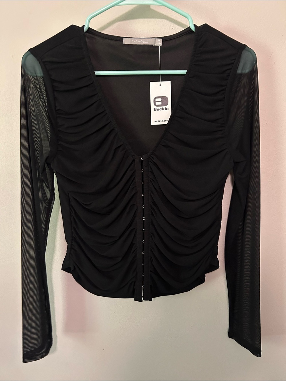 Buckle Black Ruched Hook-and-Eye Sheer Sleeve Button-Down Top